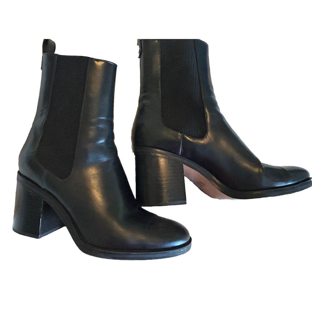 Zara Basic Ankle Boot Womens EU 40 Black Stud Leather Pull On Tread Block Heel‎